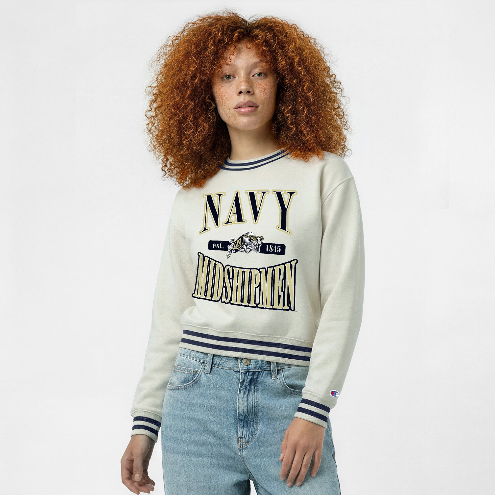 Women's Champion  White Navy Midshipmen Yarn Dye Rib Reverse Weave Crew Sweatshirt